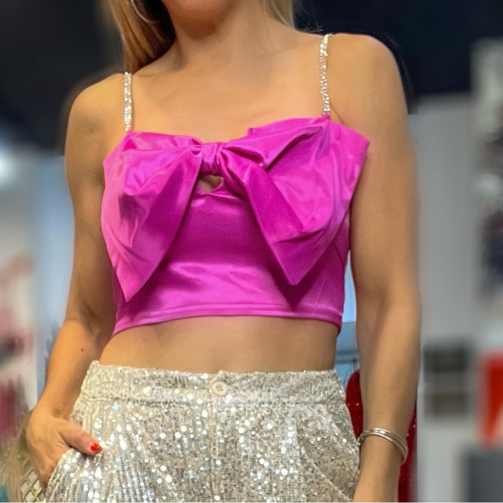 Pink Bow Crop Top with Rhinestone Straps